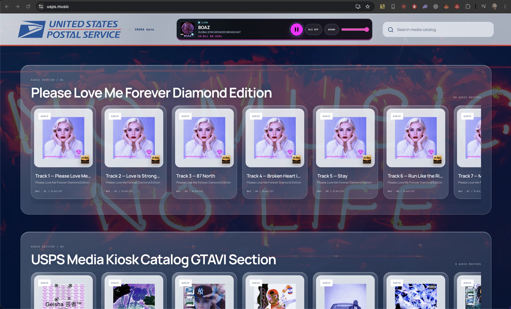 USPS Music catalog featuring the Diamond Edition and GTA VI audio sections